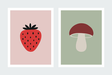 Minimalist Hand-Drawn Strawberry and Mushroom Illustration Set