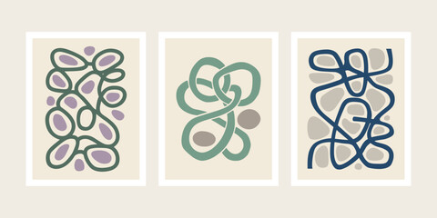 Set of Three Abstract Minimalist Posters with Organic Wavy Line Art