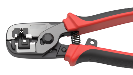 Red and black wire cutters cutting through cable isolated on transparent background