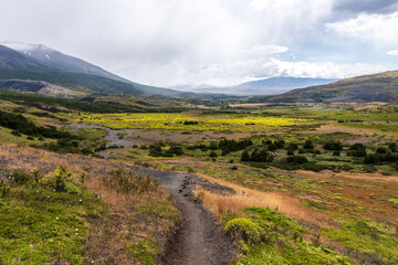 An impressive mountain landscape in Torres Del Paine national park, along lake Nordenkjold, in Patagonia, Chile.
