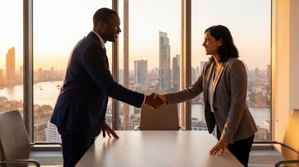 Professional Business Meeting with Diverse Partners Shaking Hands in Modern Office during Sunset with City Skyline Background