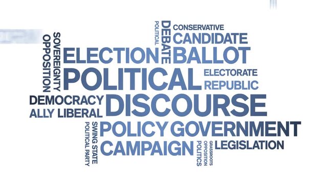 Political Discourse animated word cloud-text design animation tag kinetic typography seamless loop.