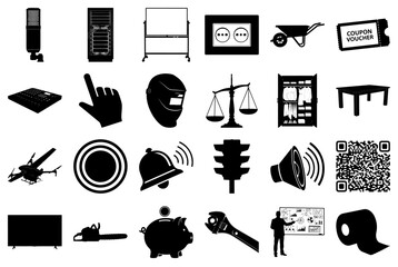 Collection of Black and White Icons on White Background Keywords: microphone, computer server