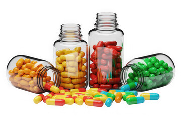 Colorful pills spilling out of glass bottles isolated on transparent background