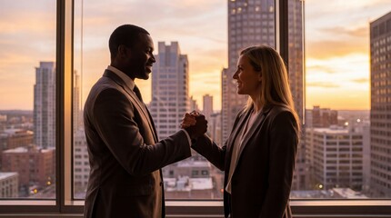 Two Business Professionals Shaking Hands Against a Backdrop of a Stunning City Skyline at Sunset in an Office Setting