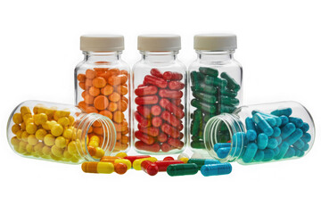 Colorful pills and capsules in glass bottles isolated on transparent background