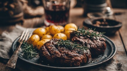 Grilled steak and potatoes with rosemary on plate ready to eat