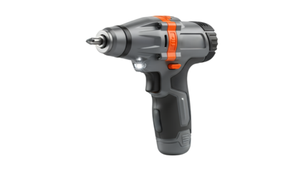 A modern cordless drill isolated on transparent background with orange accents and black handle