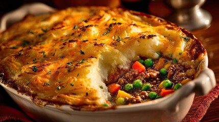 Delicious baked shepherds pie with golden crust and colorful vegetables