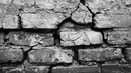 Weathered brick wall with cracked and aged texture in black and white