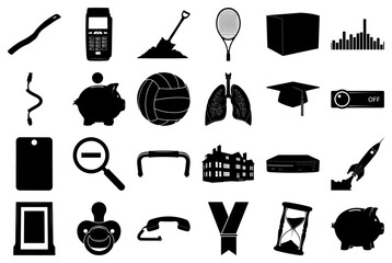 Diverse Black and White Icons and Silhouettes Keywords: stick, phone, shovel, tennis racket