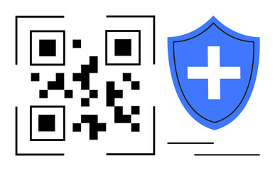 Obraz premium Health safety, identity authentication, medical data security, digital safeguards, healthcare technology, secure access. QR code alongside blue shield with medical cross. Health safety and identity