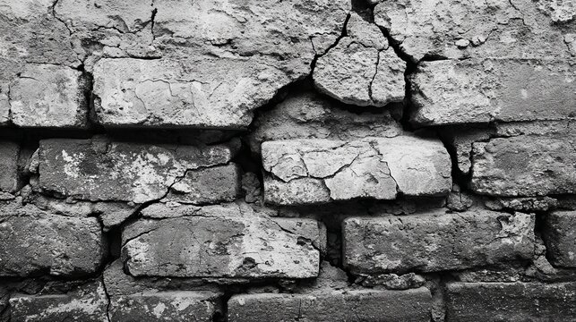 Weathered brick wall with cracked and aged texture in black and white