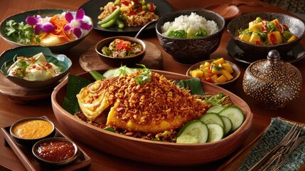 Delicious asian cuisine arranged on a wooden table overhead view