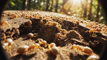 A huge colony of pale ants swarming over decaying wood bathed in golden sunlight.