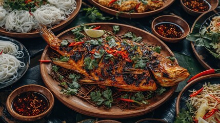 Grilled fish dish surrounded by various side dishes and sauces