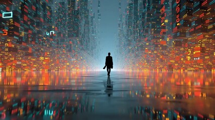 Digital Passage: A solitary figure navigates a neon-lit digital cityscape. Immersed in a world of data streams and binary code, creating an atmosphere of futuristic exploration. - Powered by Adobe