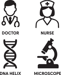 Medical and Scientific Icon Set featuring Doctor, Nurse, DNA Helix, and Microscope Vector Illustration