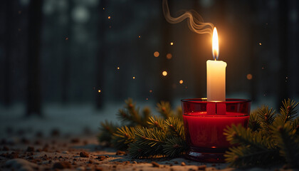 lit candle with glowing flame resting on pine branches amidst atmospheric forest setting, creating a cozy winter ambiance
