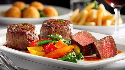 Gourmet meal featuring grilled steak with vibrant vegetable garnish on white plate