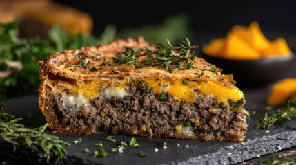 Delicious sliced pie with savory meat filling and golden topping closeup