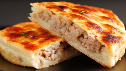 Close up of a savory baked pie sliced showcasing filling and crust detail