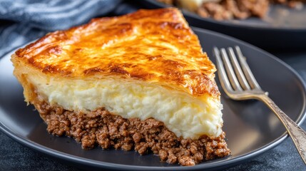 Delicious slice of shepherds pie on a dark plate ready to be served
