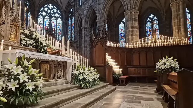 Beautiful Interior of a Historic Church Adorned with White Lilies and Lit Candles.