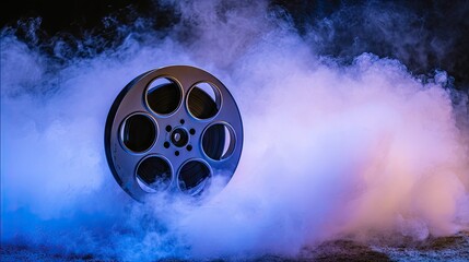 Film reel in abstract smoke against a dark background