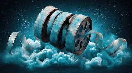 Film reel illustration with smoke and visual effects against a dark blue background