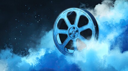 Film reel floating amongst clouds conceptual cinematic entertainment