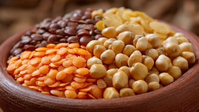 This close-up shot features a rustic, textured bowl brimming with a vibrant assortment of uncooked legumes, neatly separated into distinct sections. The visual showcases rich brown lentils, bright ora