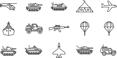 Military helicopter, battle tank, armored vehicle, warship, assault rifle, parachute, jet fighter, jeep, tent, airplane, SUV, defense icons, combat equipment illustration © It's Nasir World
