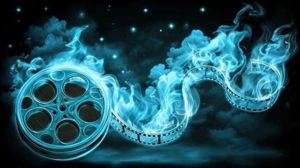 Abstract movie reel with blue flames and glowing particles on black background