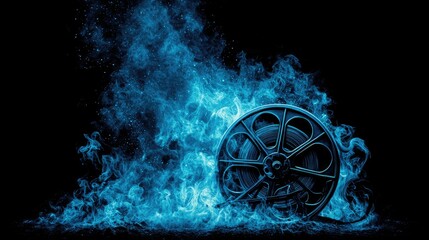 Film reel in blue smoke against black background for conceptual design