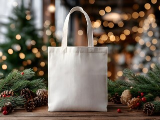 A blank s tote bag is displayed on a wooden surface with Christmas decorations and blurred bokeh lights creating a festive holiday scene.