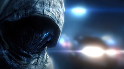 Mysterious hooded figure looking towards a bright light in a dark scene