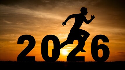 Silhouette of determined athlete running across 2026 numbers against a vibrant sunset, symbolizing goals and future achievements ahead.