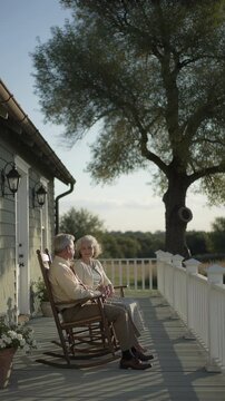 Senior man and woman sit on rocking chairs and talk on front porch of a house with a large tree. Peaceful outdoor living for retired couple relationship.