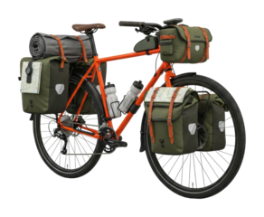 Bike adventure packing gear trip bicycle nature side view isolated on transparent background