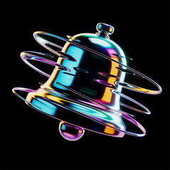 notification bell 3d iridescent chrome with swirling liquid rings on black background