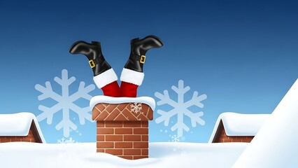 Santa Claus stuck in chimney on snowy roof with snowflakes