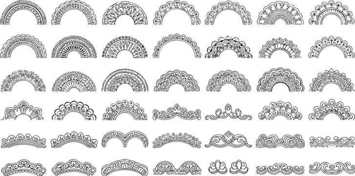 Hand-Drawn Decorative Arch Borders and Half-Circle Ornamental Mandala Motifs Set.