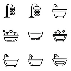 A collection of icons depicting various types of bathtubs and showers for bathing.