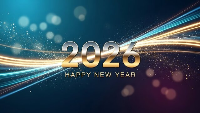 Happy New Year 2026 celebration with sparkling lights and gold text - Powered by Adobe
