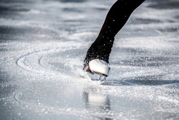 Close-up of figure skate making turn on ice rink