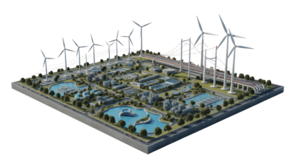 Isometric City with Wind Turbines