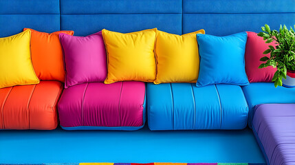 Fototapeta premium Vibrant Cushions on a Blue Sofa with a Potted Plant in a Colorfu