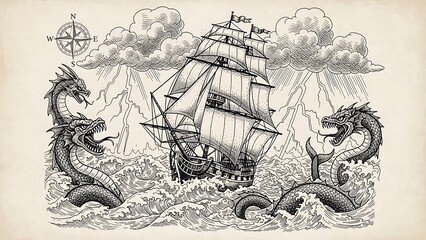 Dramatic sea monsters attacking a sailing ship in stormy waters