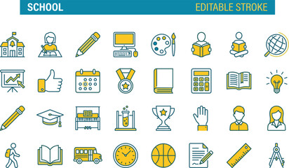 School editable stroke icon set, education learning symbols, classroom supplies, students, teachers, knowledge, creativity, academic success, modern education design